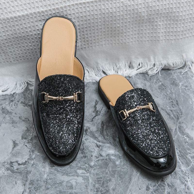 

Летняя мода мужская повседневная легкая обувь удобная кожаная мужская универсальная обувь дышащие тапочки индивидуальность полуперетаскивание ленивый 47 чёрный