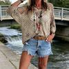 Hauts au Crochet Style Bohème Col en V Manches Courtes Tricot Couvre-maillot Couleur Unie Coupe Ample Design Ajouré Hauts d'Été