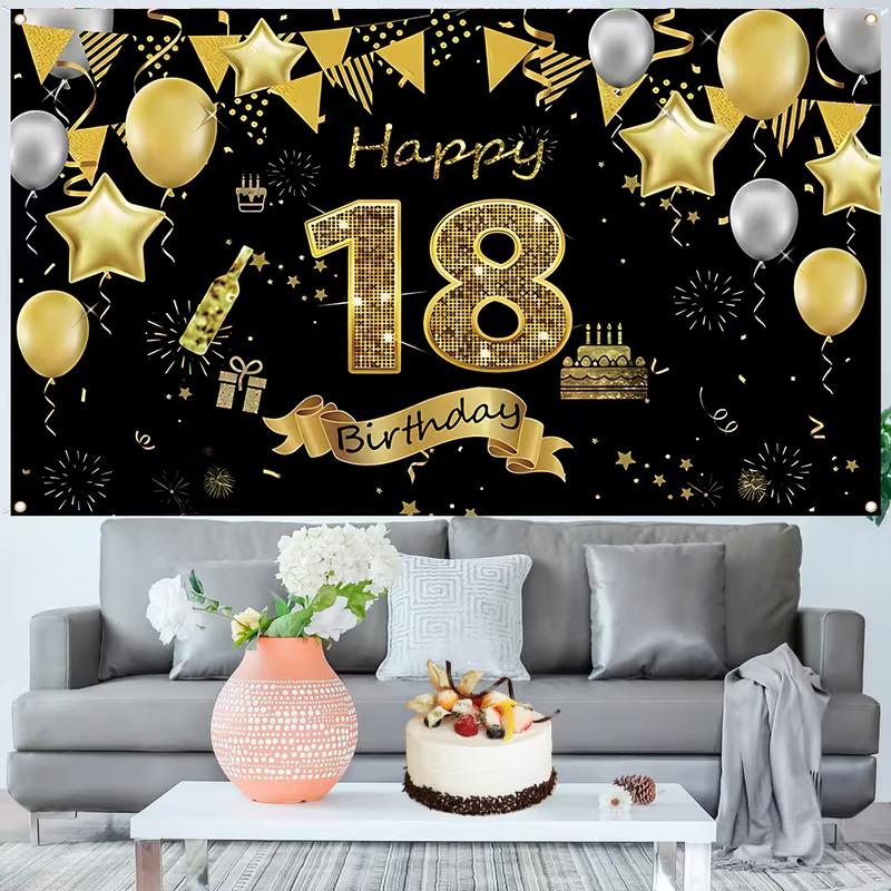 2D 18th Birthday Photography Backdrop, Black & Gold Glitter Party Background