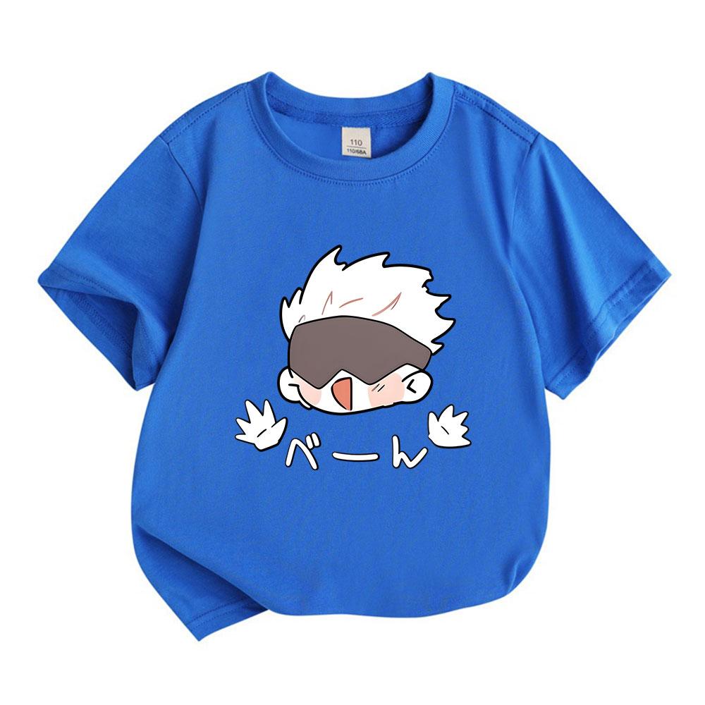 Kids Boys Girls 100% Cotton Crew Neck Short Sleeve T-Shirt, Cute Jujutsu Kaisen Satoru Gojo Cartoon Print Casual Soft Breathable Summer Top for Daily