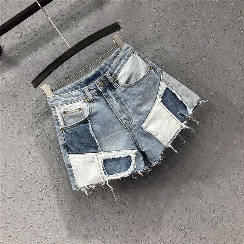 Unique Patchwork Color Block Denim Shorts Women Loose Fit Wide Leg Pants