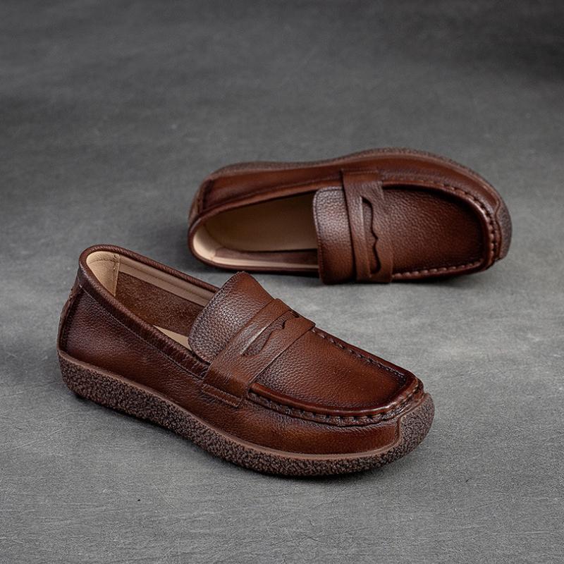 Johnature Retro Women Genuine Leather Flats Shoes Handmade Shallow Soft Sole Casual Round Toe Loafers