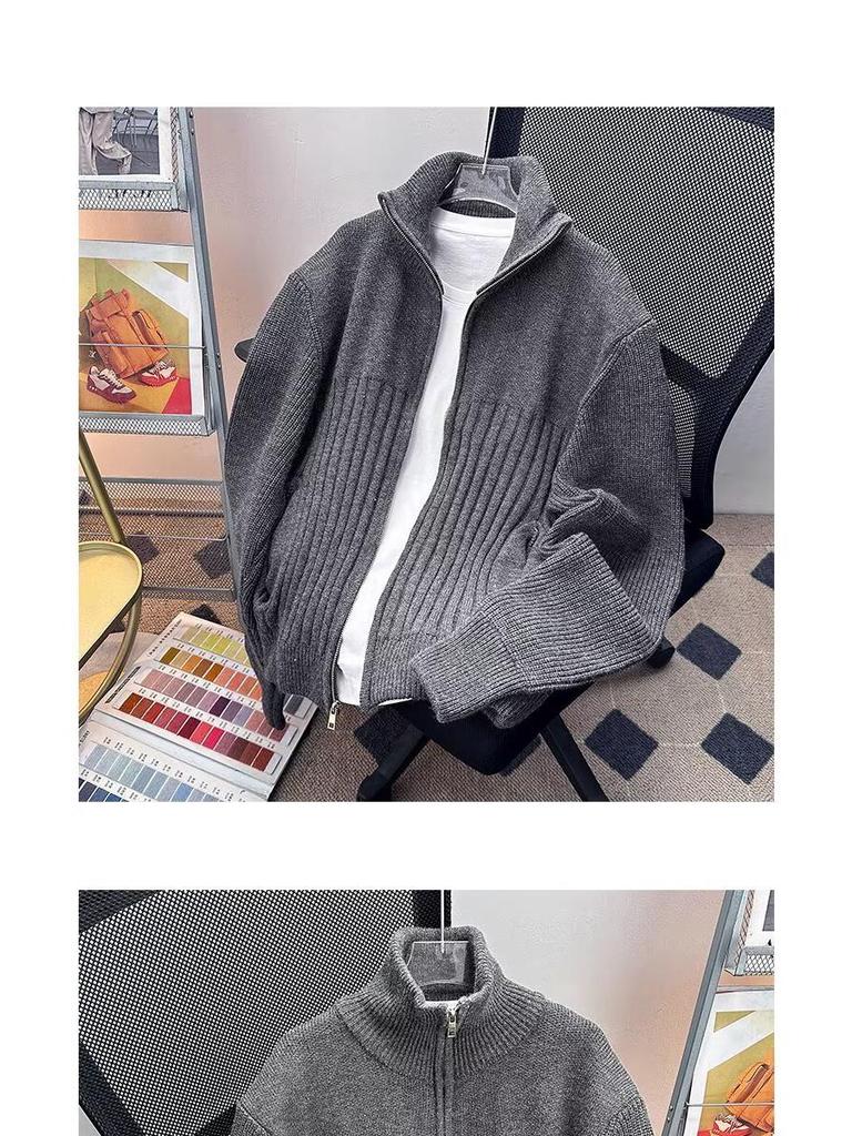 Men's Thick Knit Zipper Sweater - Solid Color, Half-High Collar, Autumn/Winter Pullover, Loose Fit Floral Thread Design