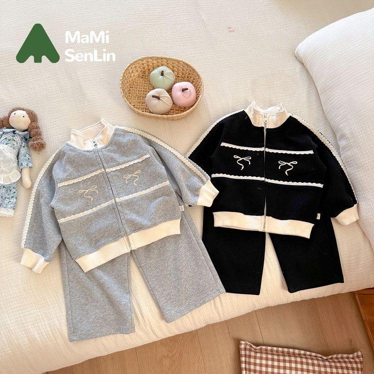 Girls Spring Autumn Casual Two Piece Set With Bow Tie Jacket And Pants Stylish Kids Clothing Outfit For Little Girls
