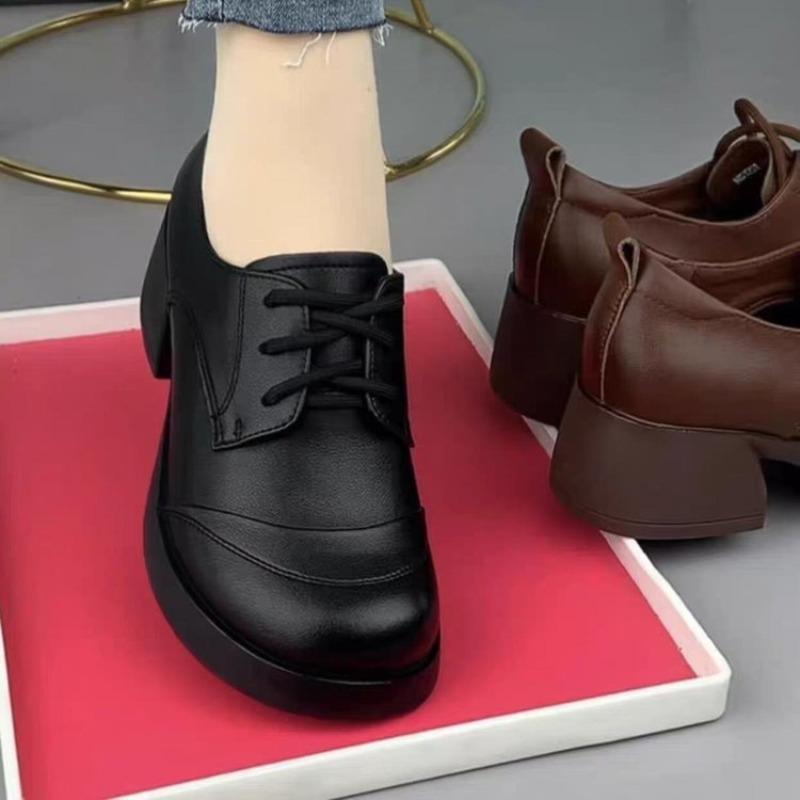 Dámské podzimní nové šněrovací malé kožené boty s kulatou špičkou a silným podpatkem, střední podpatek, černé jednoboty
