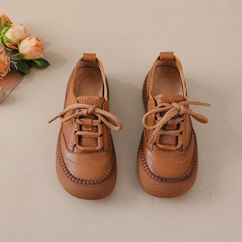 Feerldi Brand Oxford Sneakers Woman Retro Brown Flats Designer Casual Lace Up Moccasins Female Genuine Leather Driving Shoes