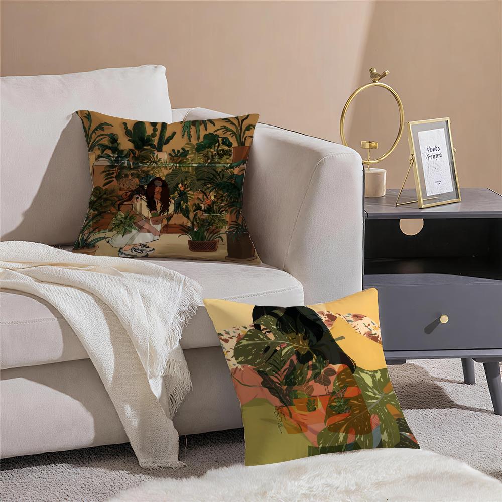 Elegant Simple Flower-Growing Girl Pillow Case Pattern Printed Pillowcase For Living Room Sofa Cushion Cover & Bedroom Decor