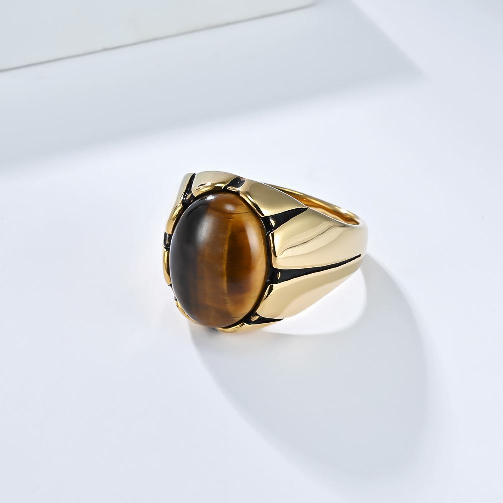Retro Tiger Eye Titanium Steel Men's Oval Black Gem Ring