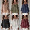 Women Casual Off Shoulder Ruffle V Neck Lace Up Strap Long Sleeve Shirt