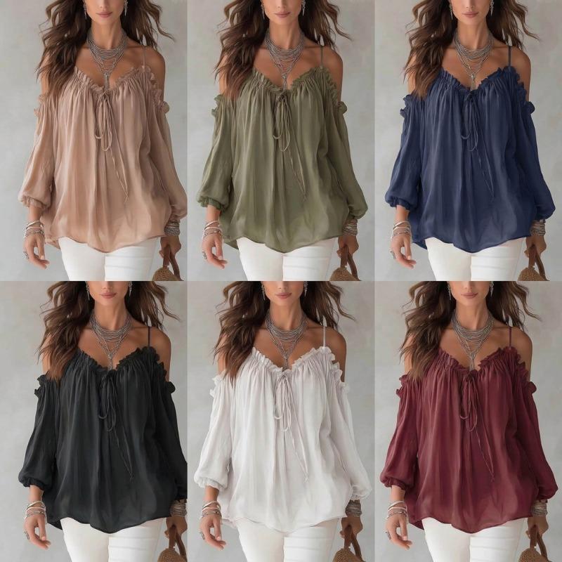 Women Casual Off Shoulder Ruffle V Neck Lace Up Strap Long Sleeve Shirt