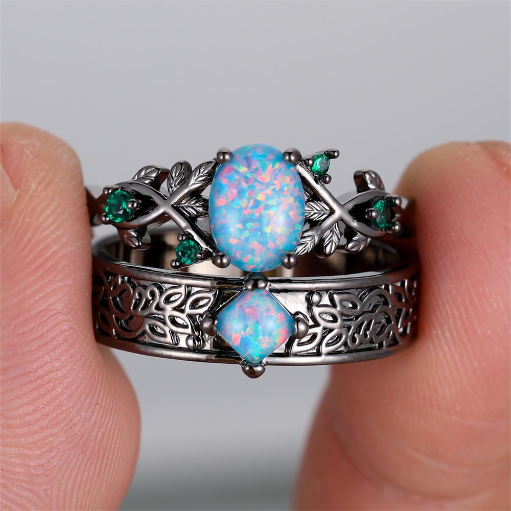 Green Zircon Blue Opal Oval Stone Ring Sets For Women Vintage Black Metal Engagement Bands Wedding Jewelry Set Versatile Gifts