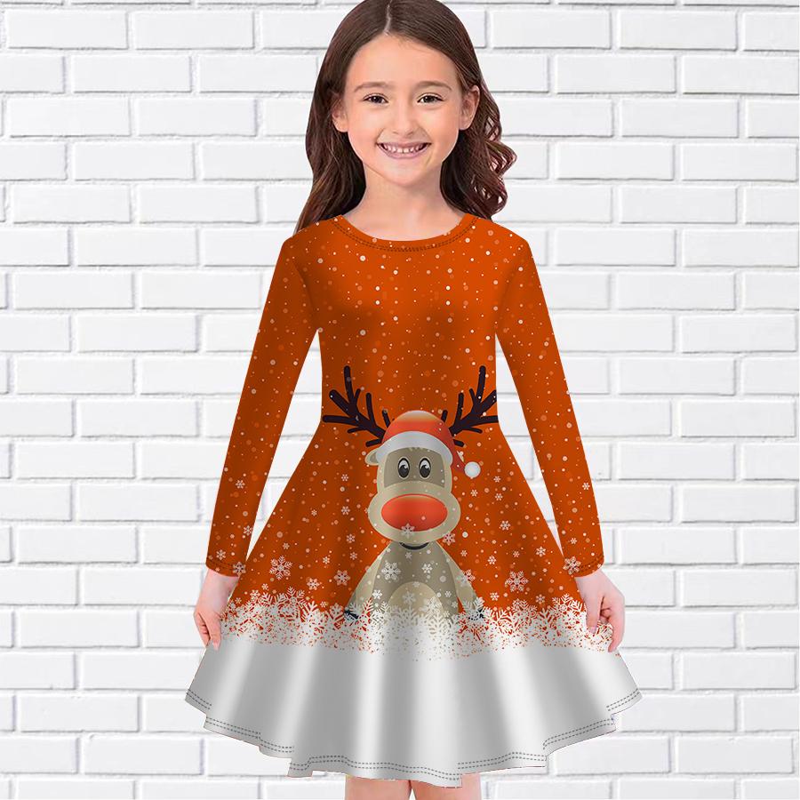 Girl Casual Christmas Reindeer Print Round Neck Long Sleeve Dress Kid Princess Dress