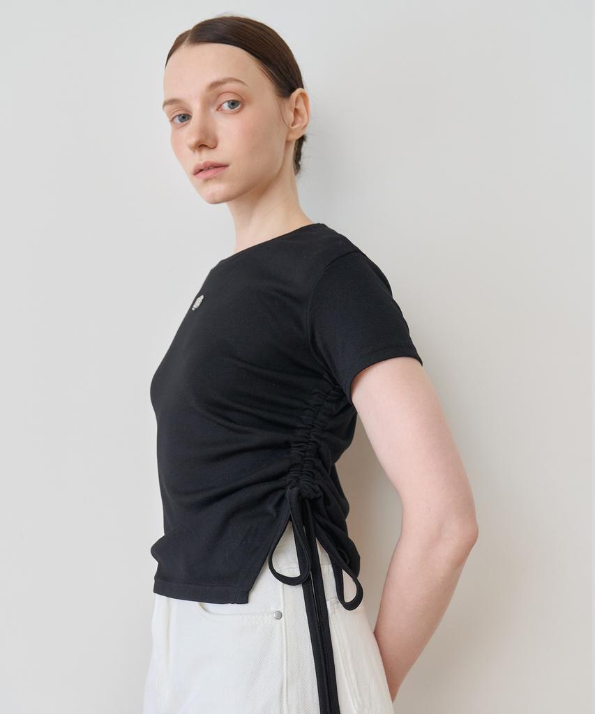 BIBYSEOB Asymmetrical Shirred Half T-Shirt Black [T42]