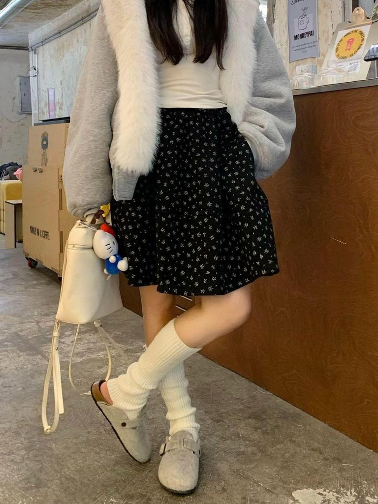 Korean Retro A-line Floral Skirt - Women's Autumn Winter Gray Puffy Umbrella Style