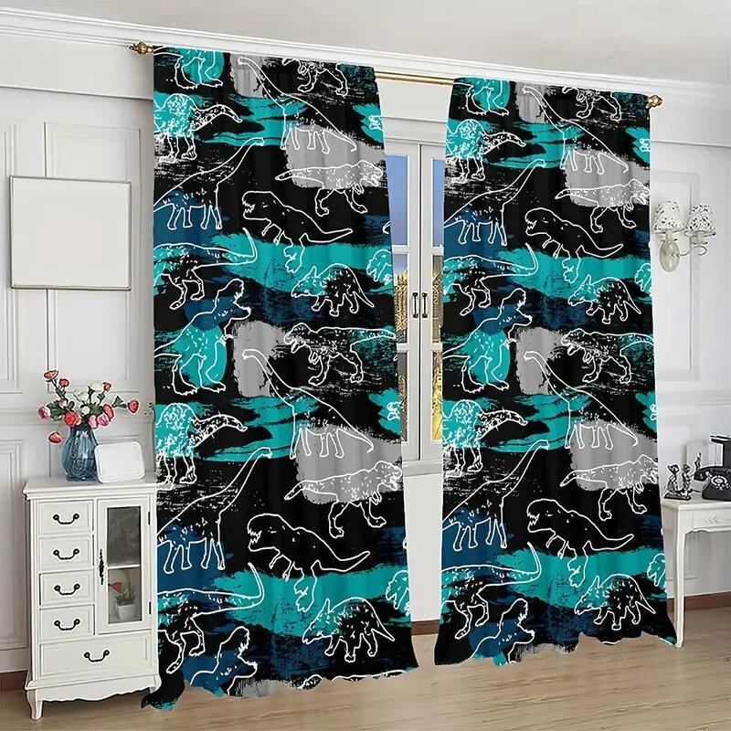 2 pieces - Geometric pattern Jurassic dinosaur printed curtains   window decorations   home decorations   room decorations