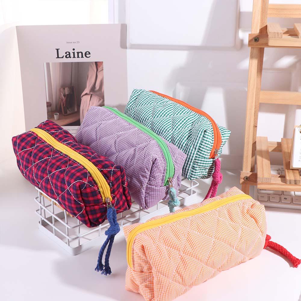 

Jewelry Storage Cloth Stationery Bag Contrasting Grid Color Pencil Case Students Writing Tools зелений