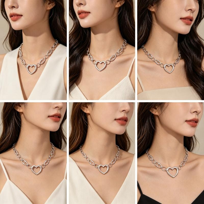 Open Heart Pendant Necklace for Women, Silver Tone Link Chain Jewelry with Adjustable 31-40 Cm Length for Daily Outfits and Gift Use