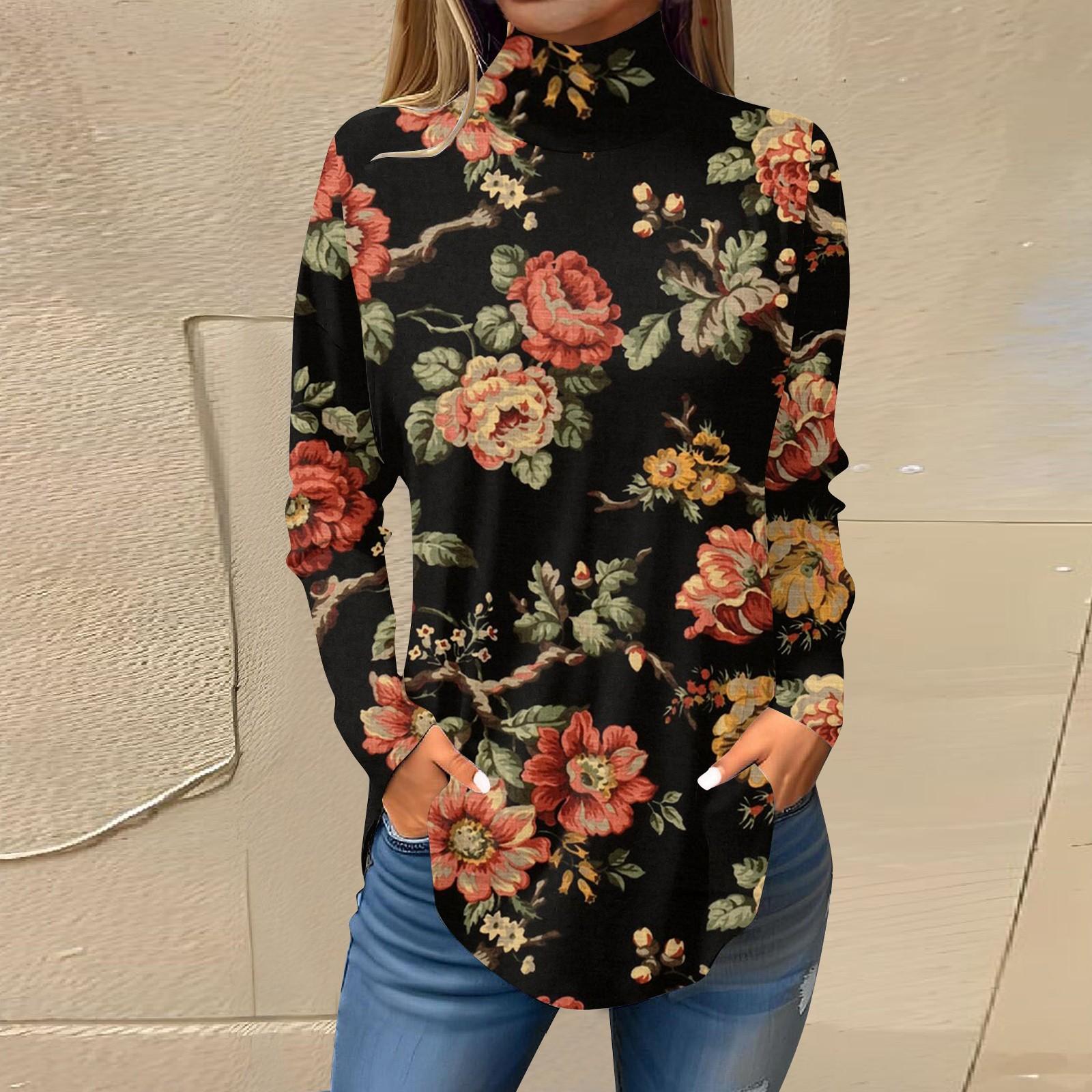

Женская модная повседневная футболка с высоким воротом и цветочным принтом, длинный рукав, пуловер, топ