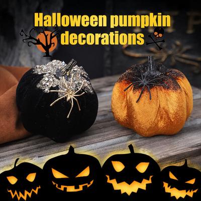 Halloween Pumpkin Ornament Flannel Pumpkin Table Centerpiece Gothic Pumpkin Decoration with Spider