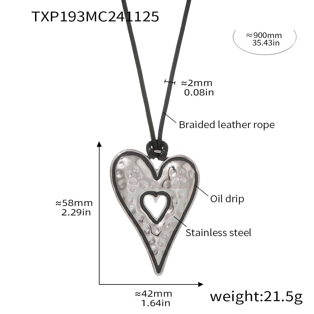 Qiong Yao Heart-Shaped Stainless Steel Enamel Earrings with Leather Pull-Out Chain