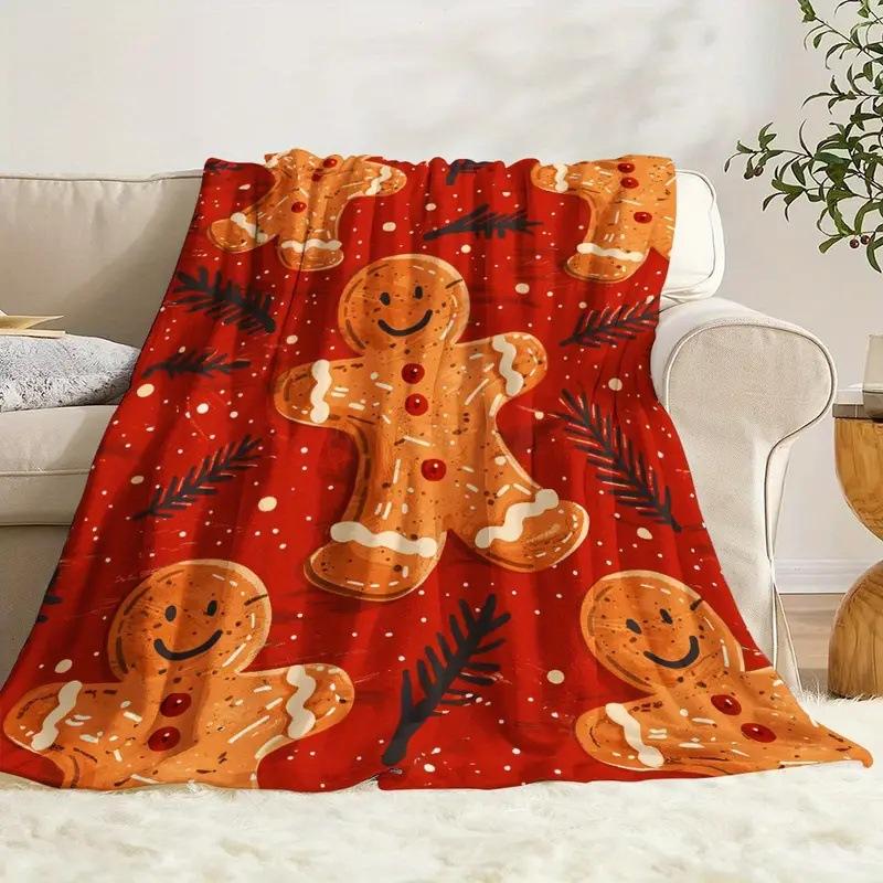 Christmas Gingerbread Man Digital-printed Polyester Bedroom Velvet Flannel Cover Blanket Fleece Soft Cover Blankets for Beds
