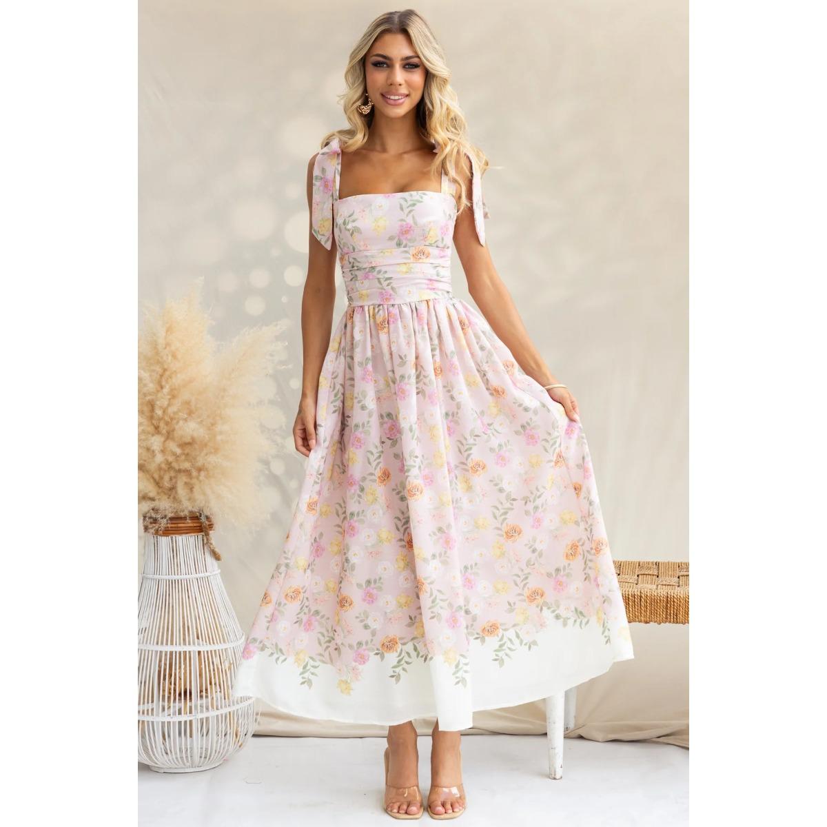 

Новый летний курортный французский цветочный комбинезон-платье с завязкой на талии, стройнящий, колор-блок, на бретельках XL розовый