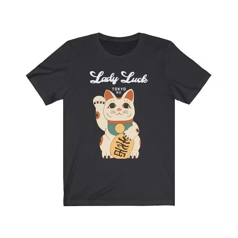 Japanese Maneki Neko Cat T-Shirt Lucky Cat Graphic Tee Cute Lady Luck Shirt S