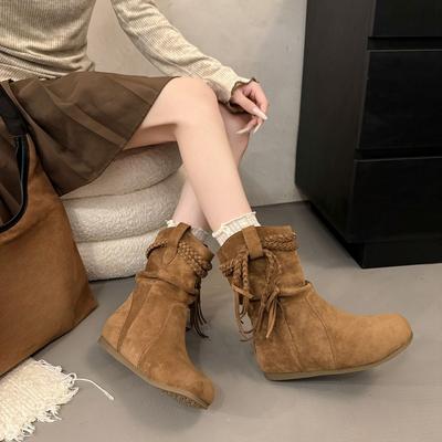 Fashion Flat Single Boots Autumn New Round Toe Suede Sleeve Soft Sole Anti-Slip Wear-Resistant Booties