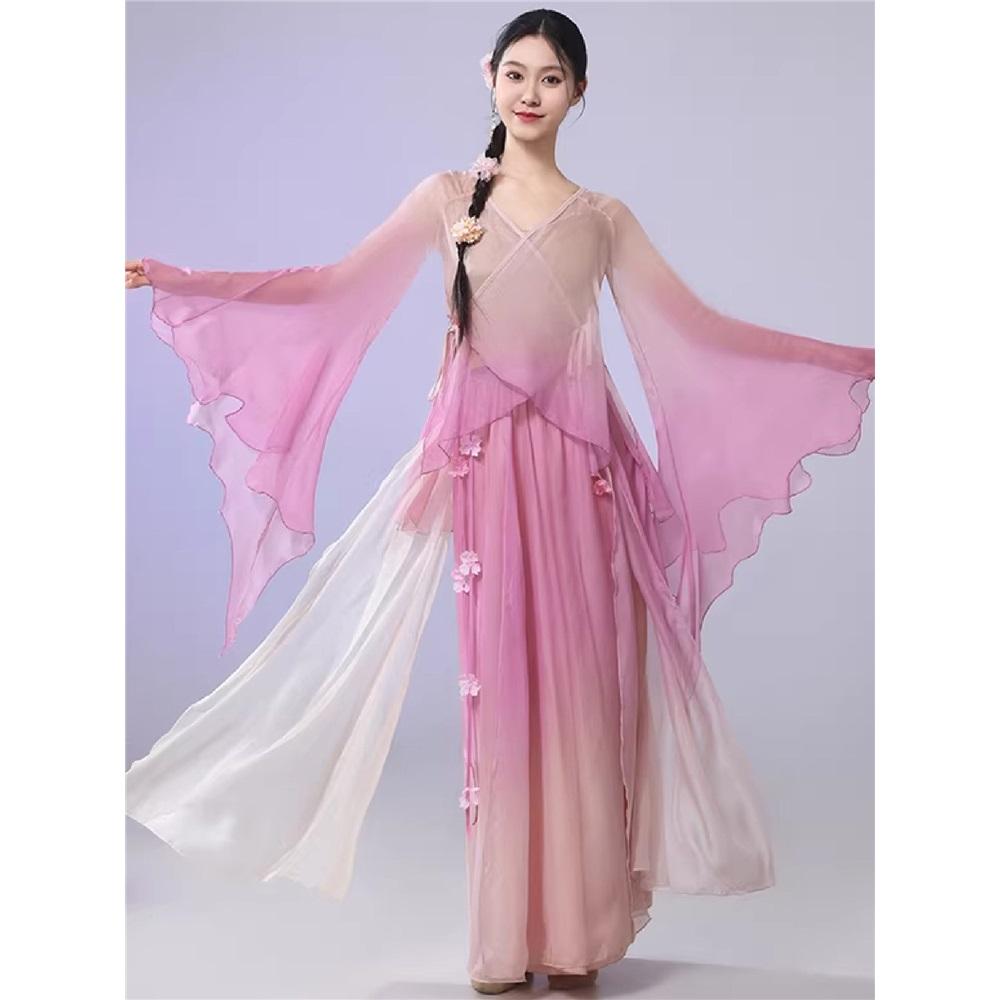 Women's Gradient Big Sleeve Chinese Classical Dance Set, Flowy Big Swing Chiffon Skirt Performance Wear