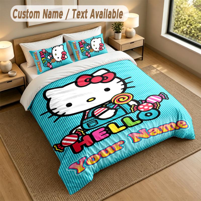 3Pcs Bedding Set Custom Name Text, 1 Sheet 2 Pillowcases Home Bed DecorHello Kitty