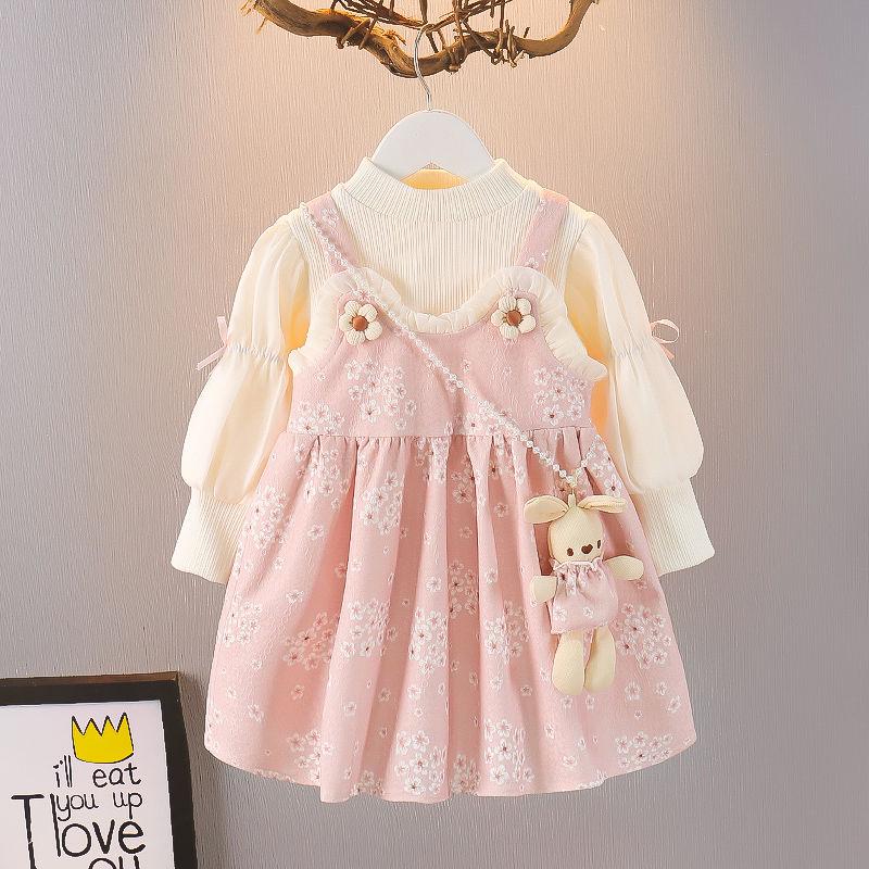 

Girls Floral Dress & T-shirt Set - Autumn/Spring Fashion 2-Piece 90cm