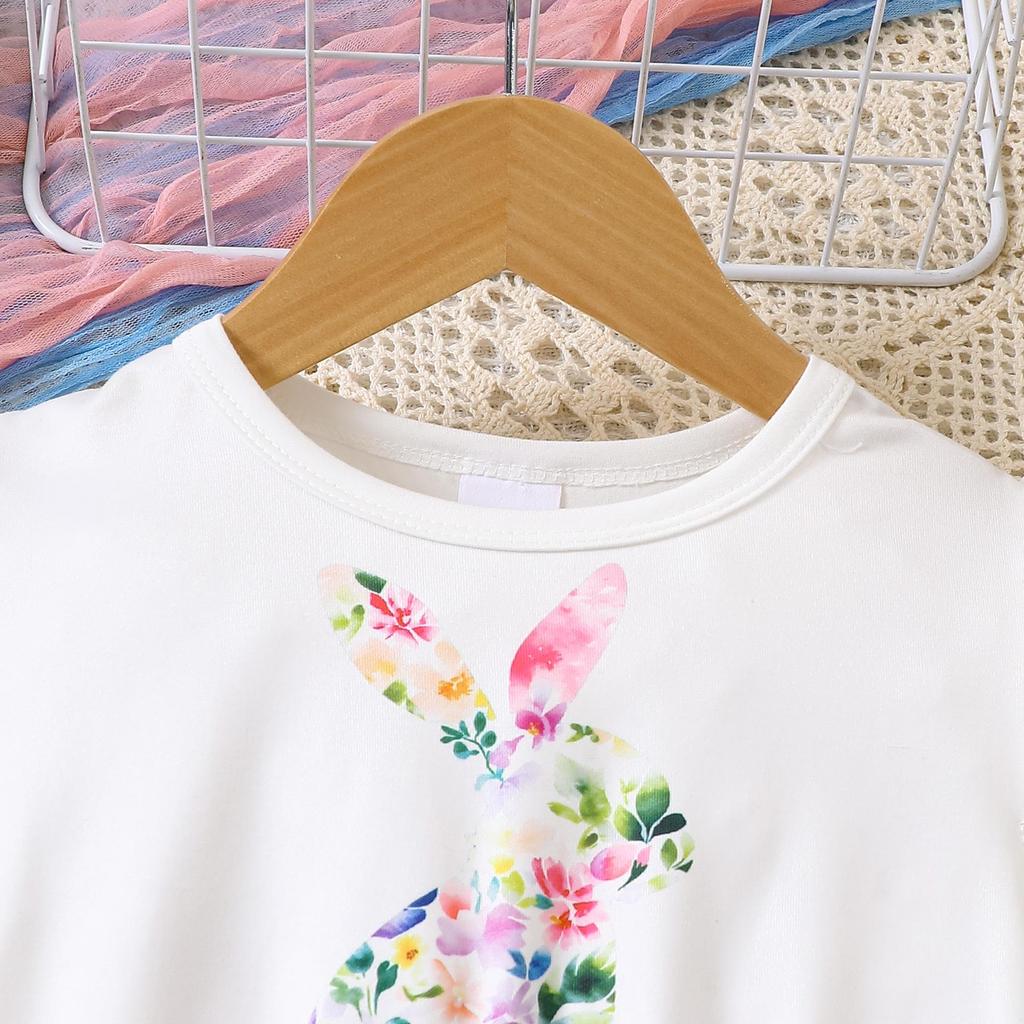 Girls' Easter Dress with Floral & Rabbit Print, Puff Sleeves, and Ribbon Bow