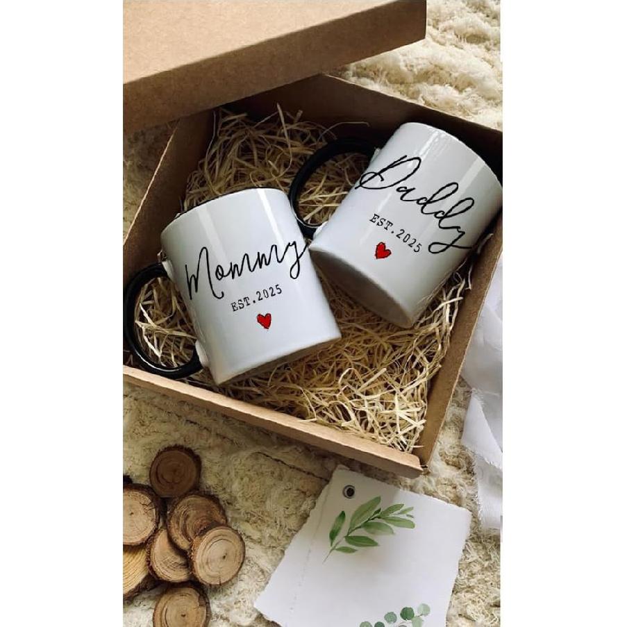 EST 2025 New Daddy & Mommy Coffee Mugs Set of 2, First Time Mommy Daddy Gift Prospective Parents Mugs Gift, EST 2025 Valentine's Day New Parents
