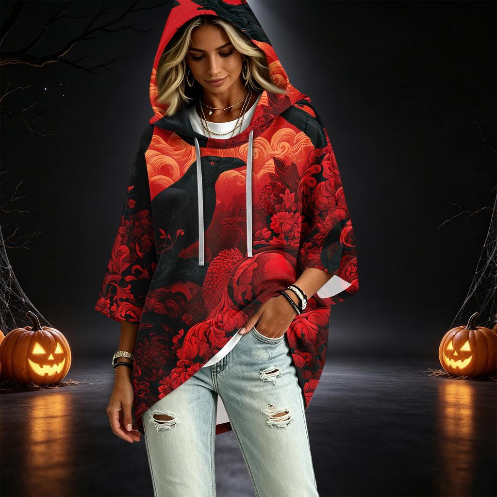 Women's Casual Halloween Print Three-Quarter Sleeve Hooded Pullover Top