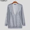 INCERUN Men Deep V Neck See Through Tops Casual Long Sleeve Fishnet Cover Up T-shirts
