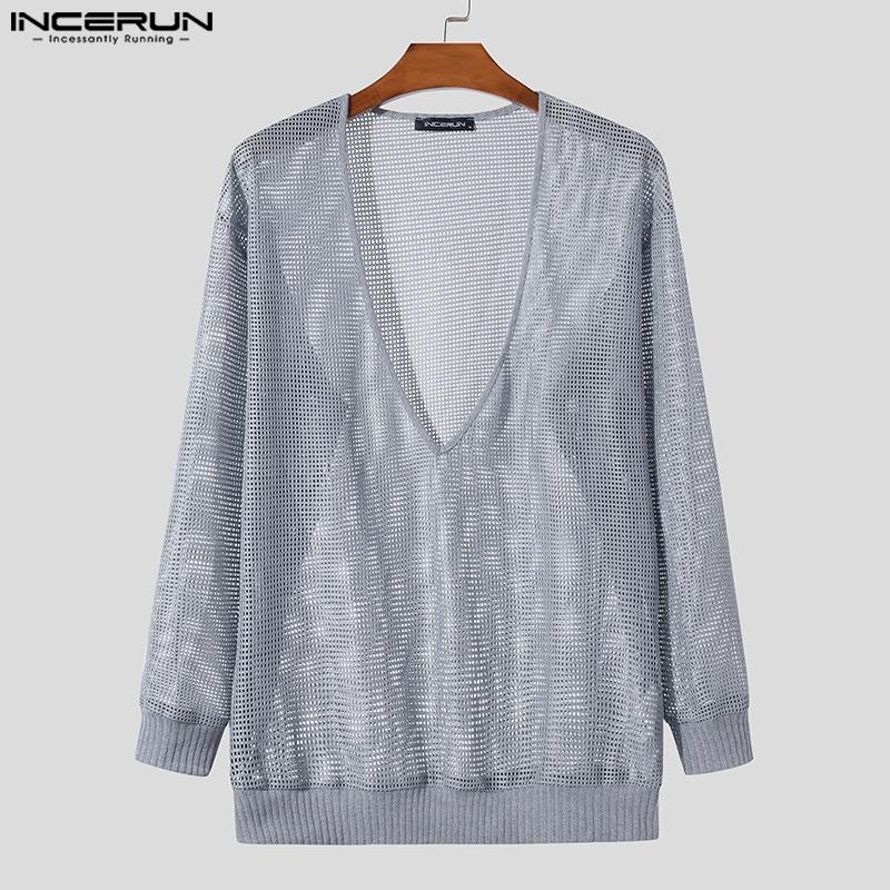 INCERUN Pánské topy s hlubokým výstřihem do V a průhledné, ležérní trička s dlouhým rukávem z rybí sítě