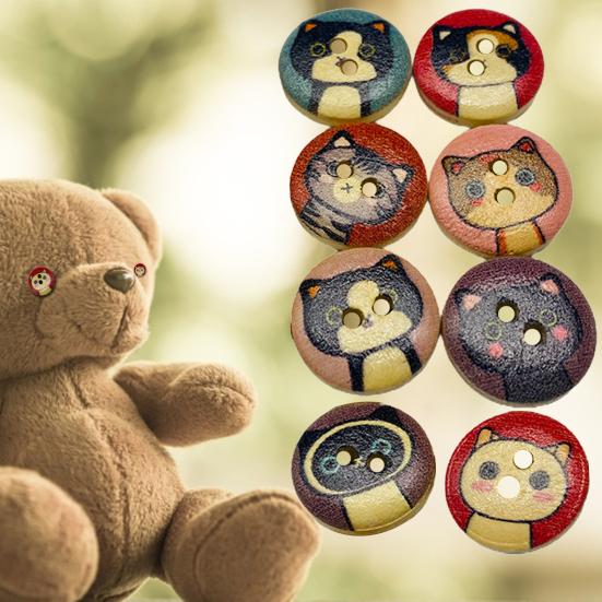 100Pcs Cartoon Kitty Print Wood Buttons DIY Sewing Shirt Scrapbook Bags Decor