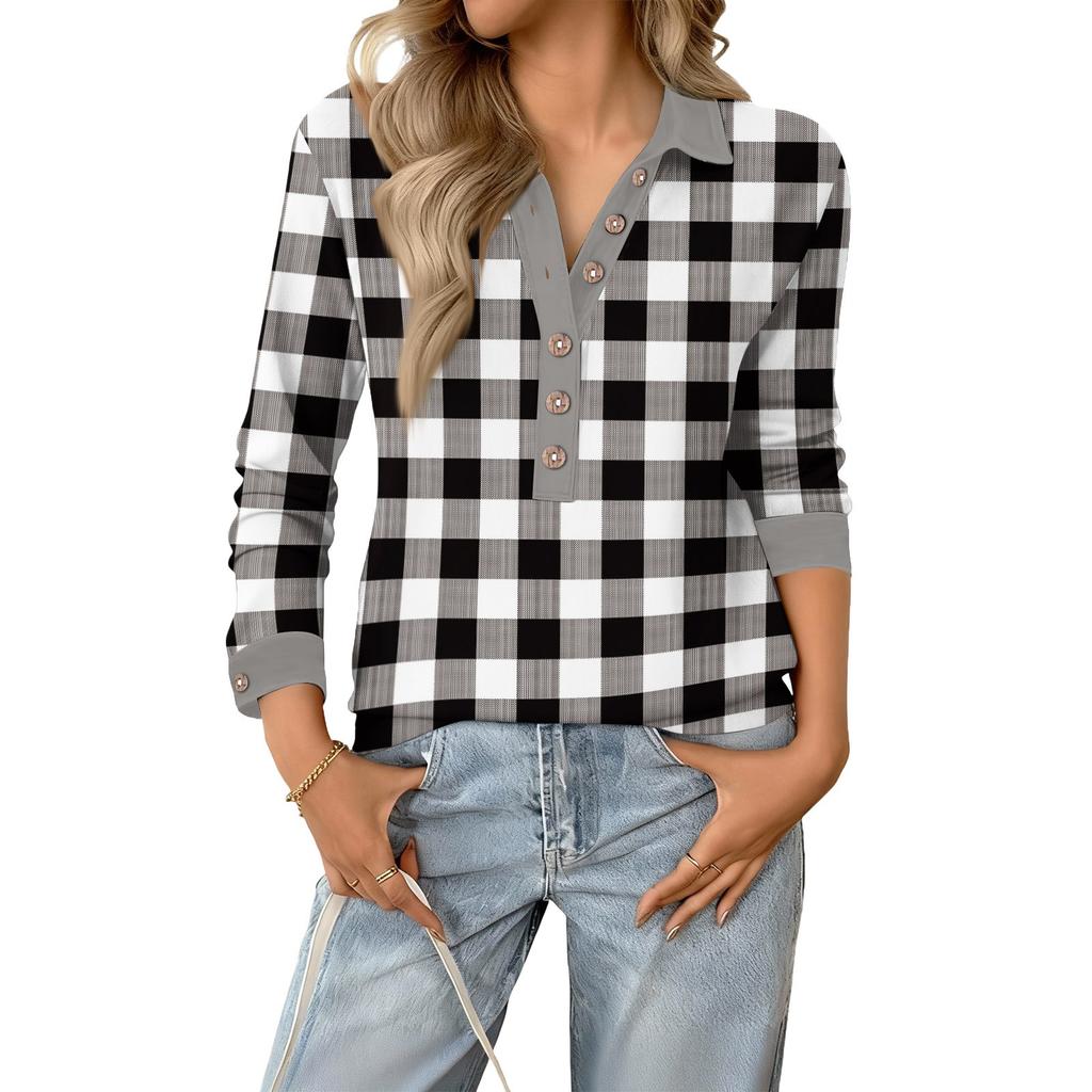 Women's Retro Street Lazy V,neck Long Sleeve Button Plaid Print Pullover Top
