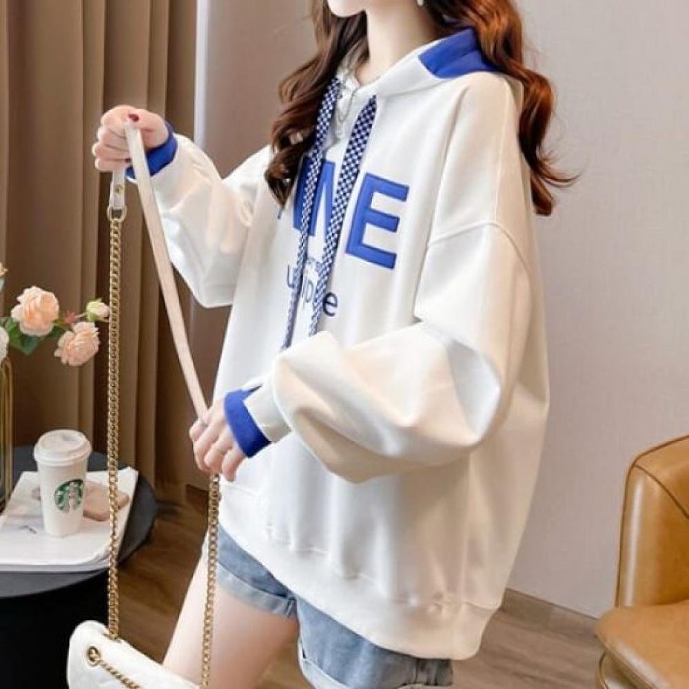 Navava Women Lettering Color Block Long Sleeve Hoodie Nt2154