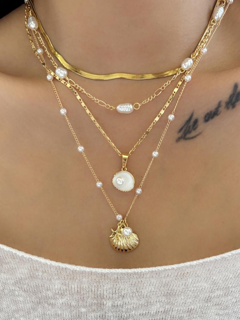Vintage Shiny Shell Starfish Pendant Necklace for Women Simple Multilayer Thin Chain Choker Bridal Neck Jewelry