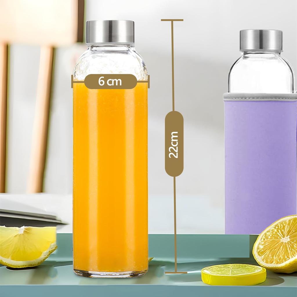 Set of 6 Glass Water Bottles 532ml Clear Bottles with Airtight Stainless Steel Lids Portable Glass Bottles with Sleeves Convenient Clear Water