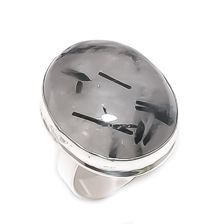 Natural Black Rutile Gemstone 925 Sterling Silver Jewelry Ring Size 9 D0I00