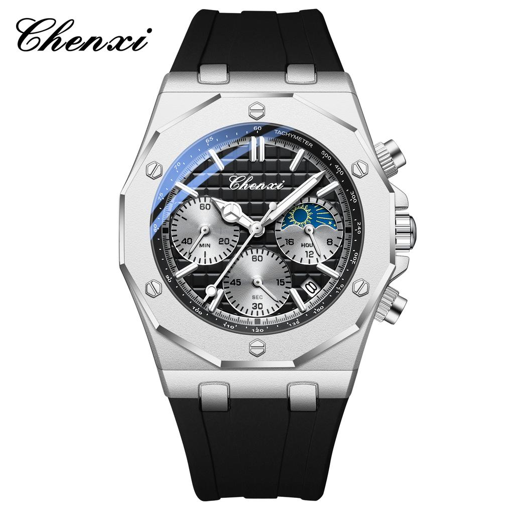 CHENXI Watches For Men Quartz Waterproof Sports Men's Watch Silicone Strap Chronograph Calendar Luminous Wristwatches