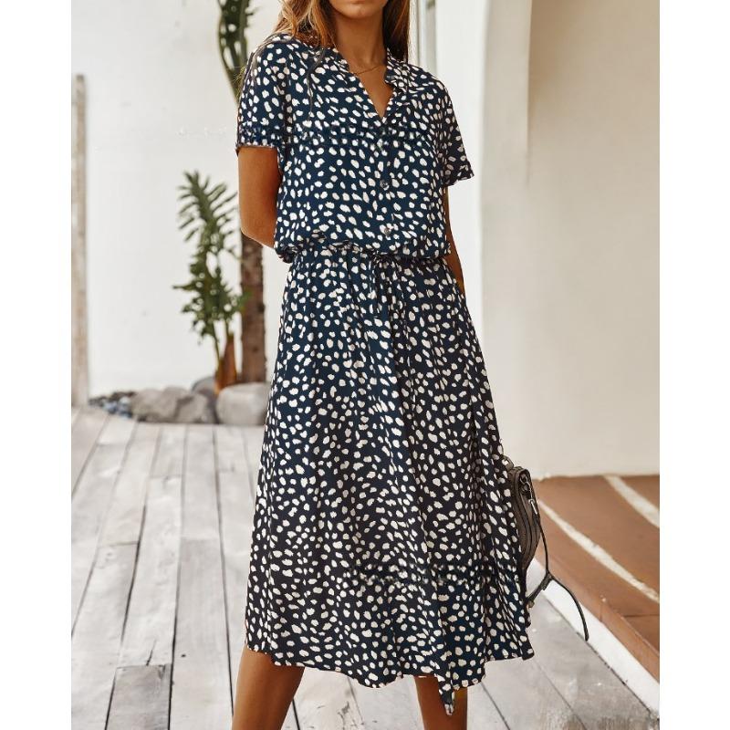 Summer polka dot printed short-sleeved mid-length dress women's fashion all-match elegant temperament