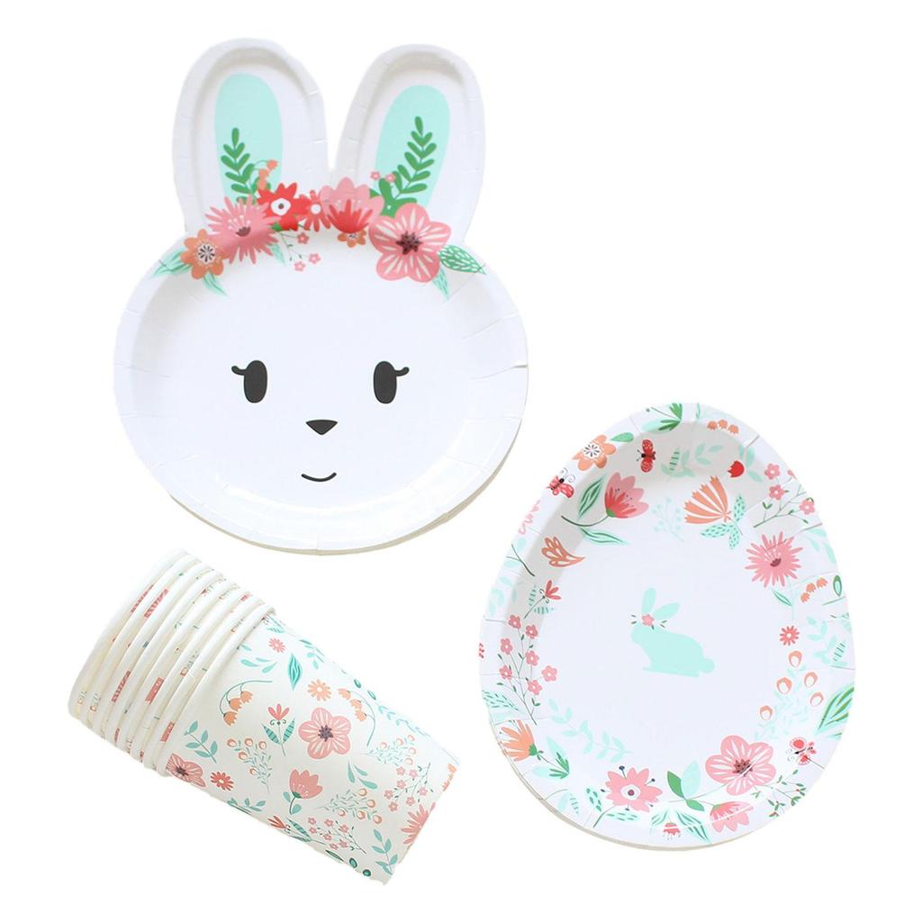 24Pcs Easter Rabbit Eggs Tableware Set Easter Bunny Eggs Plates and Cups for Picnics Apartment Dorm Festivals Family Reunions