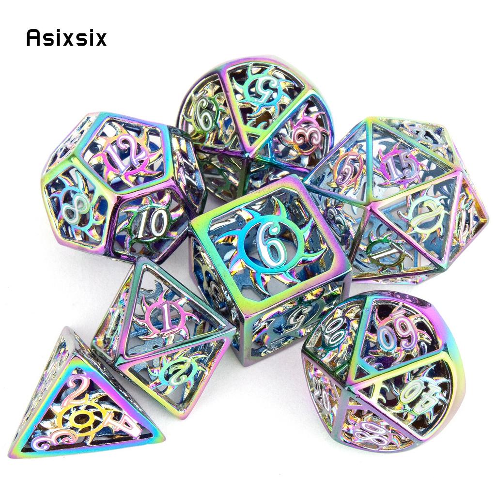 7 Pcs Colorful Rotary Cyclone Metal Dice Hollow Metal Polyhedral Dice Set Suitable for Role-Playing RPG Board Game Card Game
