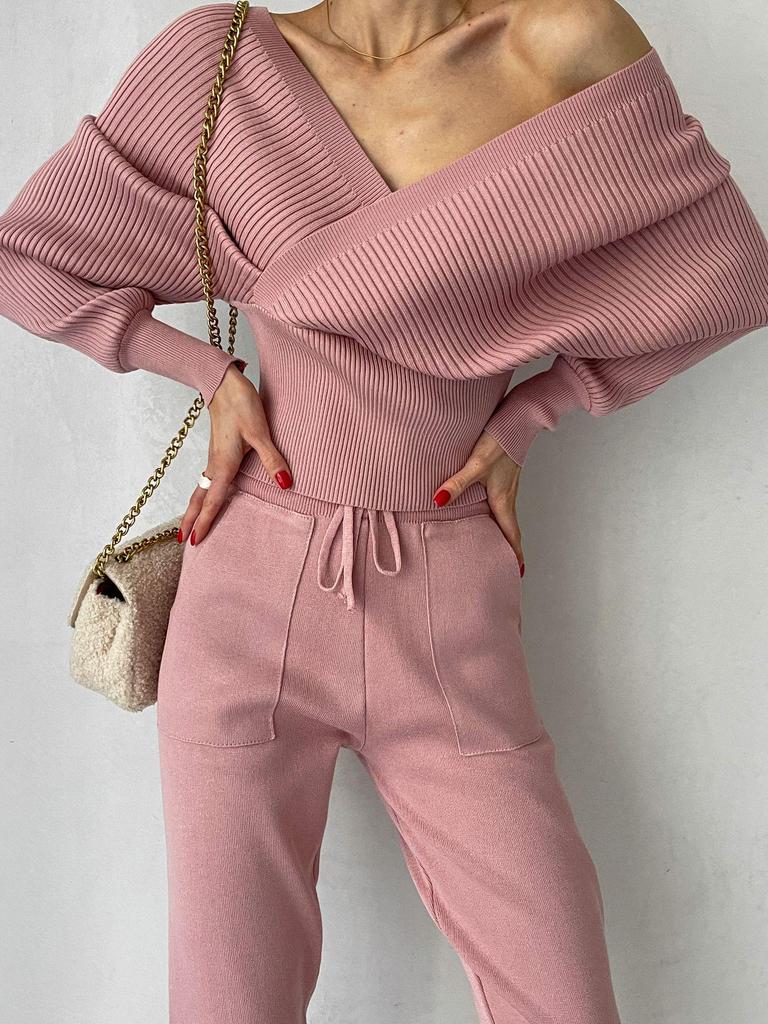 Elegant Off-Shoulder Batwing V-Neck Sweater Two-Piece Set for Women