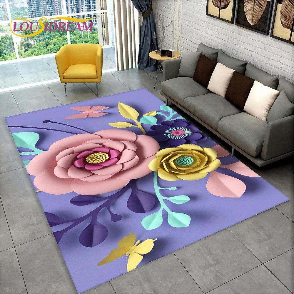 3D Nordisk Luksus Blomst Rose Områdeteppe Stort, Teppeteppe for Hjem Stue Soverom Sofa Dørmatte Dekor, Sklisikre Gulvmatter for Barn