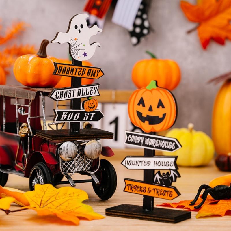 1pcHalloween Wooden Ornaments Pumpkin Ghost Bat Party Tabletop Dining Table Ornaments Holiday Gifts