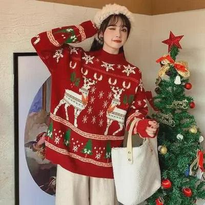 Women's Red Elk Christmas Sweater - Thick, Loose Pullover for Winter 2022